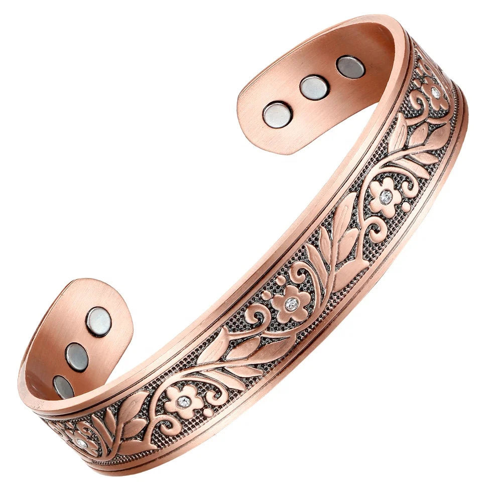 BioMagnetic Jewelry Viking Style Pure Copper Magnetic Bracelet for Healing Pain Relief Luxury Flower Diamond Bracelets 15mm
