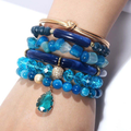 Women 6pc Natural Gemstone Crystal Glass Bead Bracelet Set Gold Elastic Bamboo Joint Open Cuff Bangle Druzy Stack Bracelet Set
