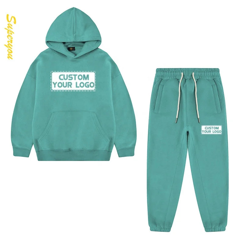 OEM High Quality 100% Cotton Fleece Kids Hoodies Set New Arrival Embroidered Children's Sweatsuit Winter Tracksuits Jogger