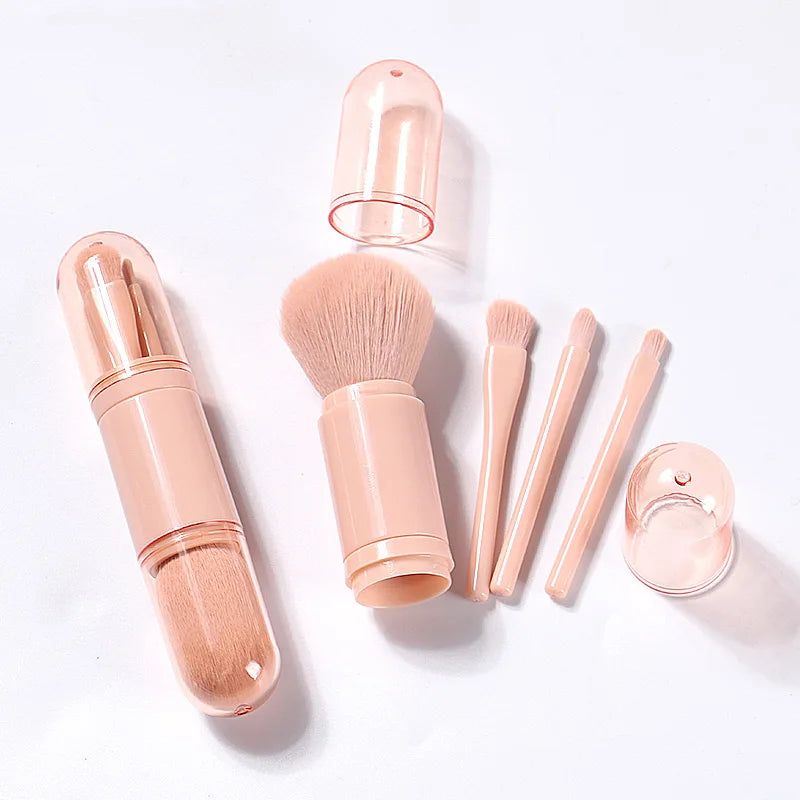 Professional Pink Face Concealer 4-in-1 Telescopic Travel Makeup Brush Set with Synthetic Hair Vegan Custom Logo
