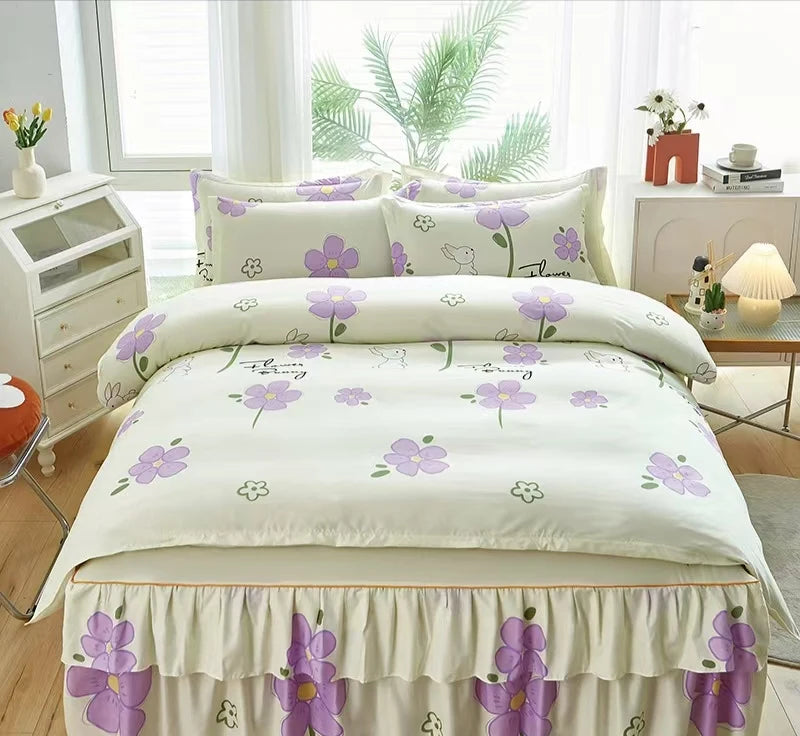 2025 Newest Style Wholesale Digital Printed Polyester Bed Skirt Skin-Friendly Four-Pieces Bedding Set