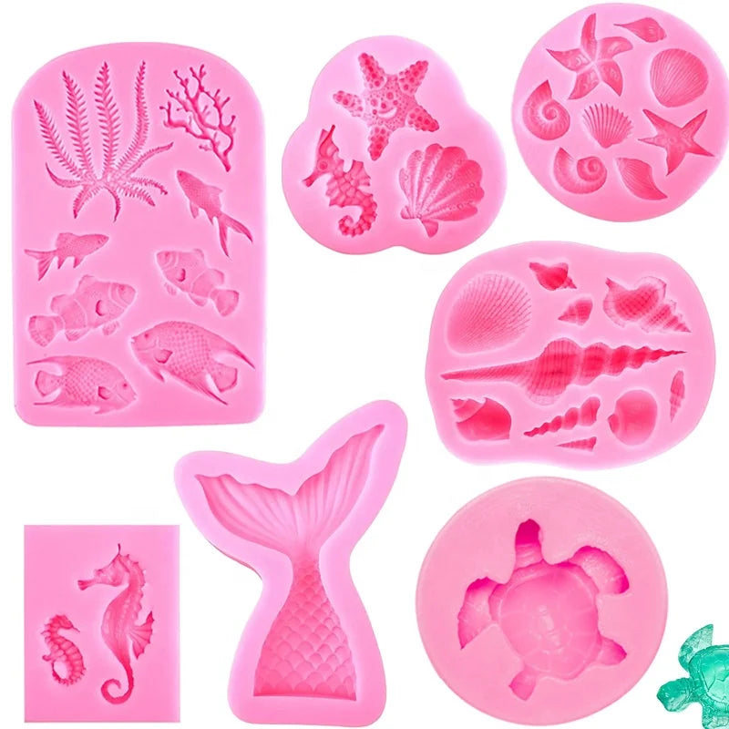 Ocean Style Seahorses Turtles Starfish Fish Tails Ceramic Clay Chocolate Candy Sugar Cake Decoration Silicone Mold