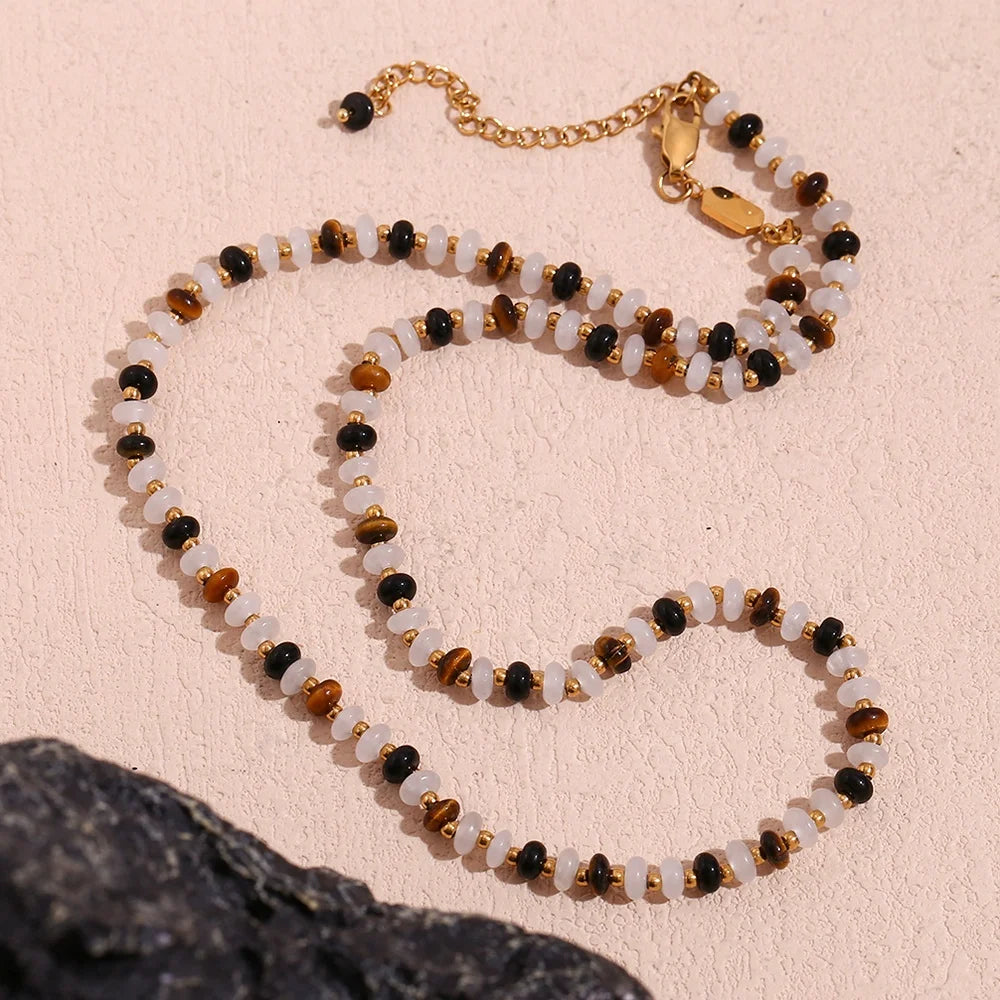 Dreamshow Natural Stone Tiger Eye Beaded Necklaces Gold Plated Choker Gemstone Stainless Steel Necklace