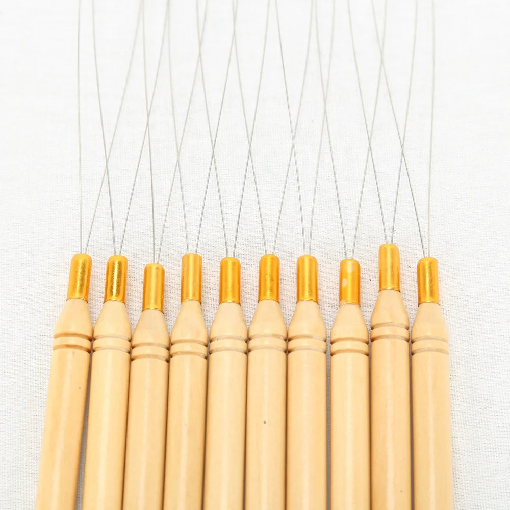 Hair Extension Hook Pulling Tool Needle Threader Micro Rings Beads Loop Wooden Handle Weaving Needle Type Hook Needles