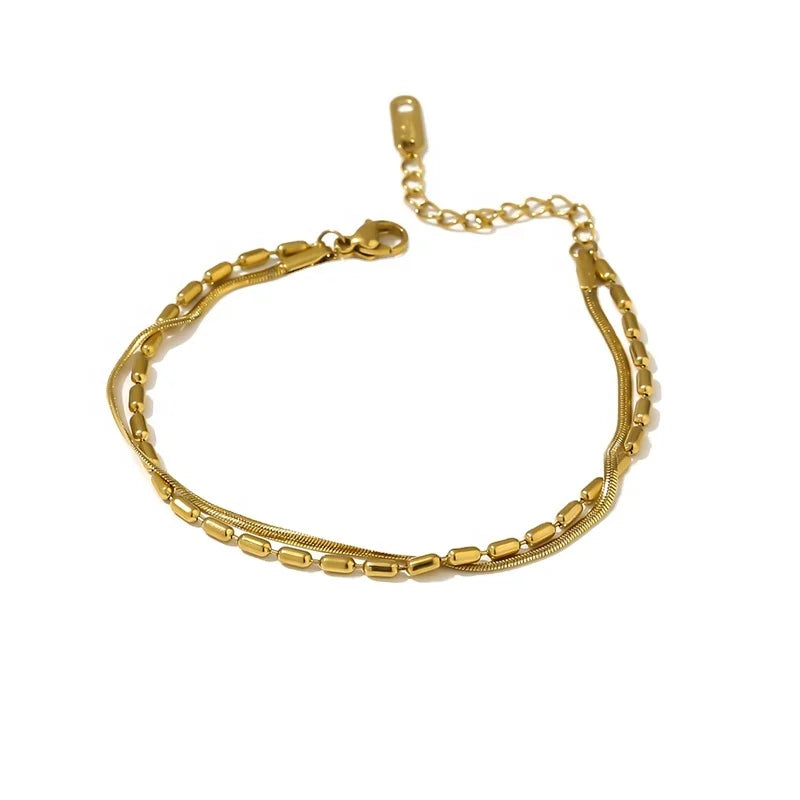 JINYOU 506 Waterproof Thin Double Chain 18k Gold Plated Bracelet Bangle Stainless Steel Simple Korean Jewelry Women MegaBDM