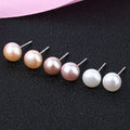 6-10mm Natural Color Button Shape Freshwater Pearl 925 Silver Women Earring Stud