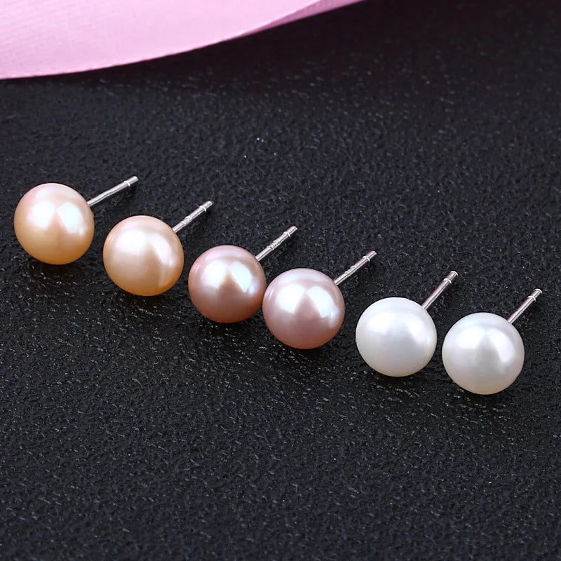 6-10mm Natural Color Button Shape Freshwater Pearl 925 Silver Women Earring Stud