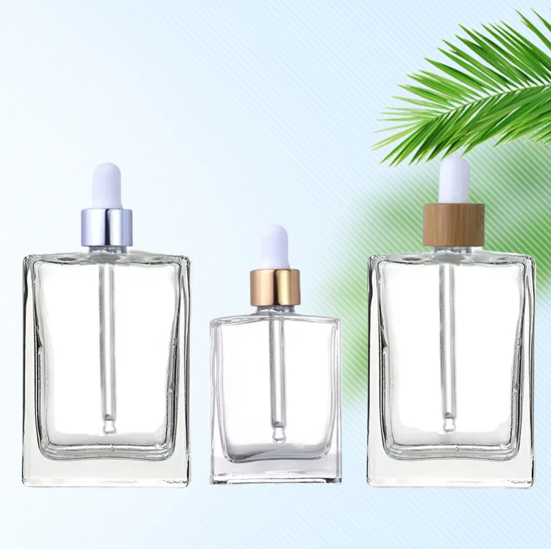 In Stock 15ml 30ml 50ml 100ml Rectangular Clear Cosmetic Glass Bottles with Droppers for Essential Oils Serums MOQ 100pcs