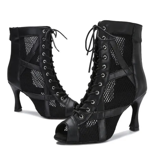 Black Mesh Latin Dance Shoes Ballroom Jazz Modern square Dancing Boots with Suede Sole for Women