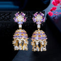 Luxury Purple Cubic Zirconia Crystal Indian Gold Plated Gypsy Bell Dangly Drop Long Earrings for Women Party Costume Jewelry