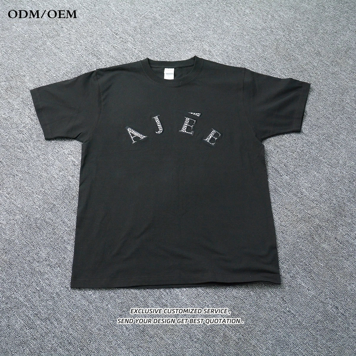 Custom 250gsm Heavy Weight Vintage Cotton Black T-shirts Oversized Leather Embroidery Digital Printing Graphic Tshirts