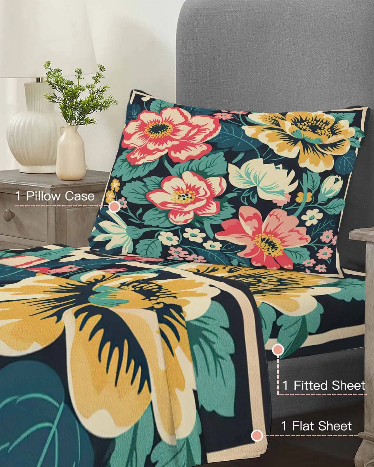 New Soft Luxury Microfiber Retro Floral Extra Deep Pocket Fitted Bottom Sheet Set Full Size for Home Hotel