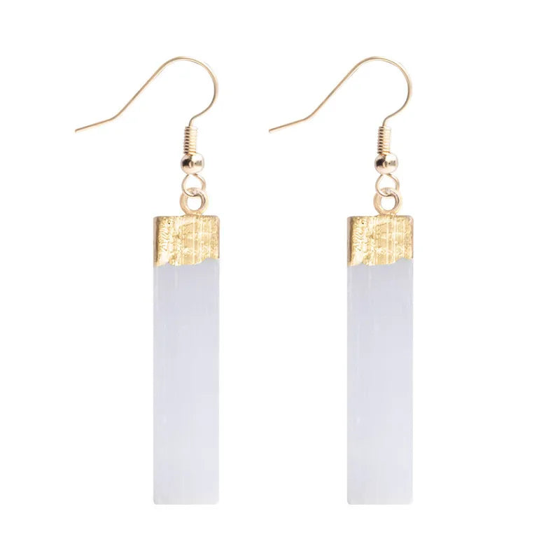 Selenite Long Teardrop with Line Fish Hook Drop Dangle Selenite Gemstone Earrings Natural Opp Bag Rectangle 10g JSY Jewelry
