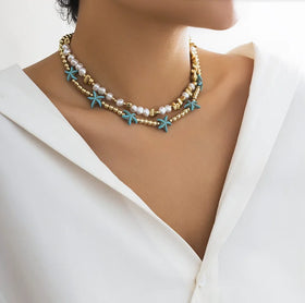 Summer Boho Ocean Blue Starfish Shell Star Rice Beads Double Layer Chain Necklace for Women Imitation Pearl Choker Necklace Be