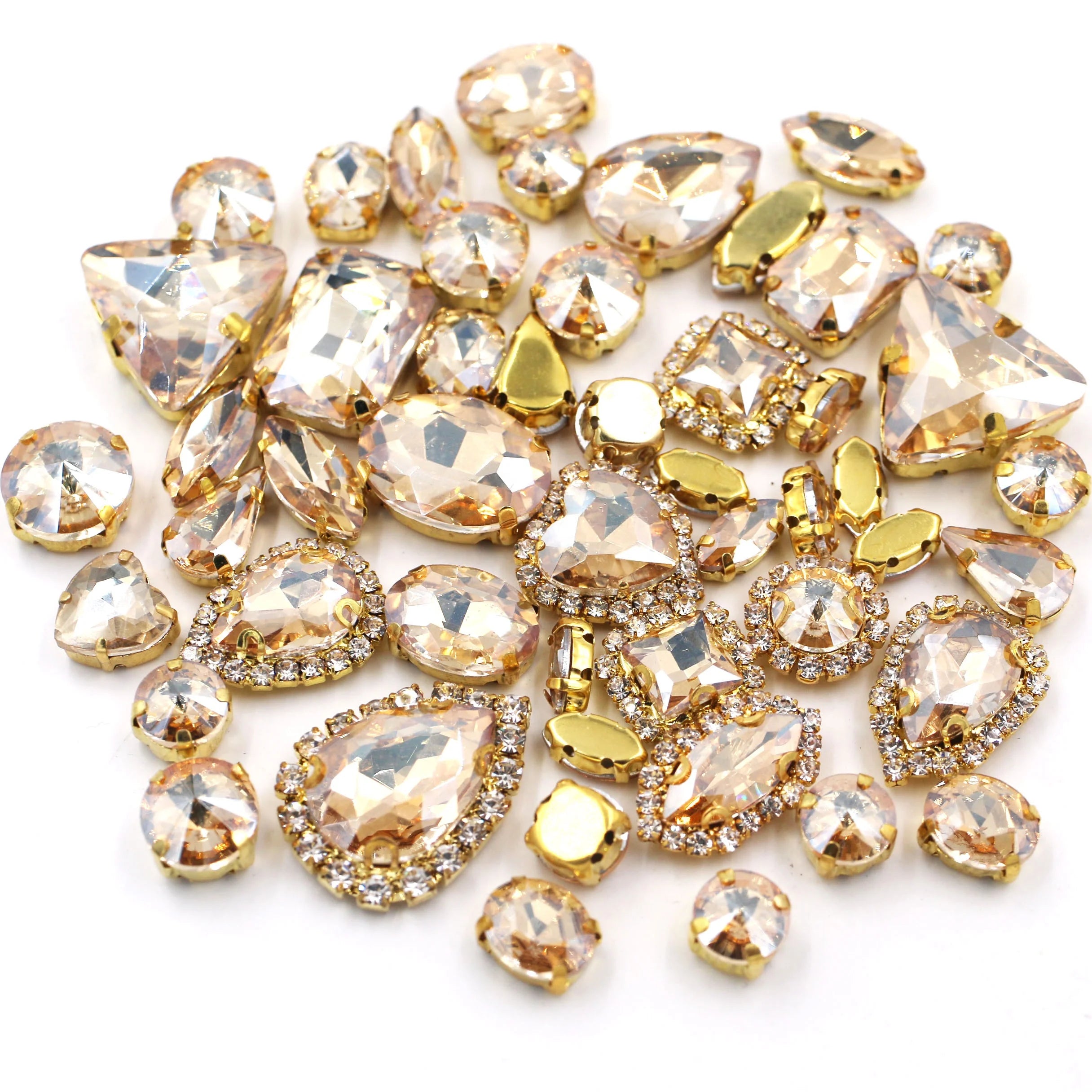 Champagne Mixed Shape 3D 50pcs/Bag Crystal Buckle Glass Rhinestones with Golden Claw Sew-On Loose Rhinestones