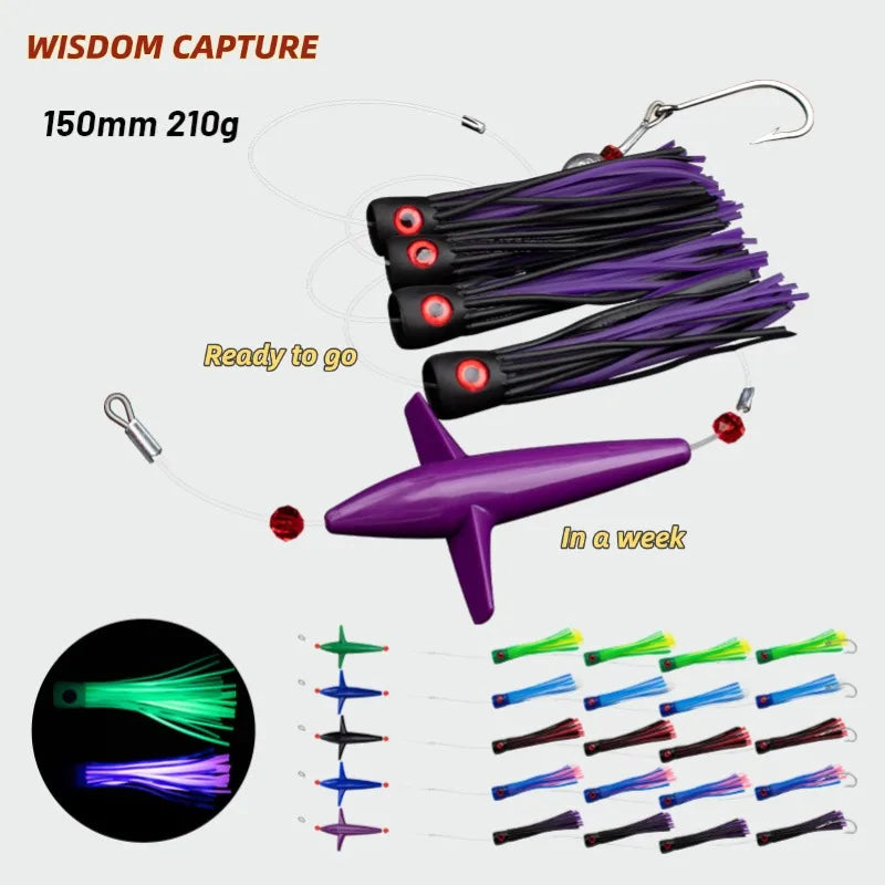 210g Water-Resistant Silicone Propeller Drag Soft Bait Set 15g Sea Bait Marlin Mackerel Lake Bottom Fishing Technique Printed