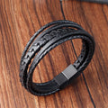 Luxury Custom Stainless Steel Leather Bracelet Multi Layer Men Black Wrap Leather Bracelet