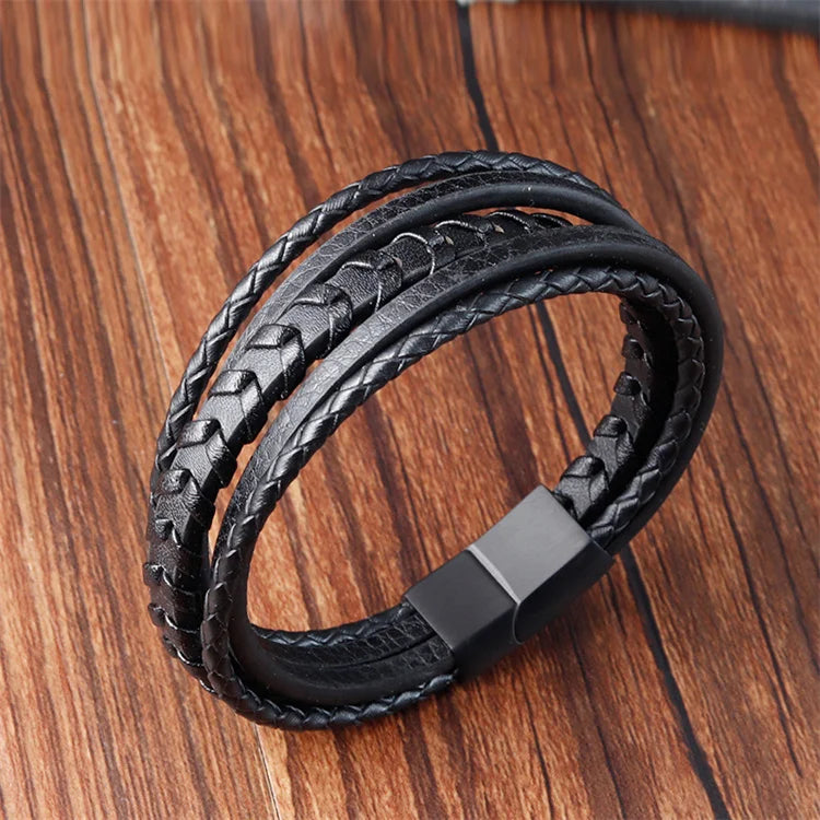 Luxury Custom Stainless Steel Leather Bracelet Multi Layer Men Black Wrap Leather Bracelet