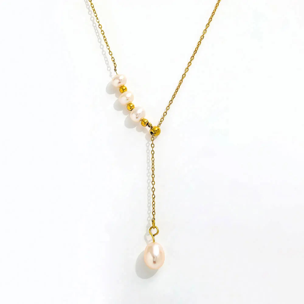 Joolim Snake Chain Pull-out Type Adjustable Freshwater Pearl Pendant Necklace Stainless Steel Jewelry Wholesale Drop Shipping