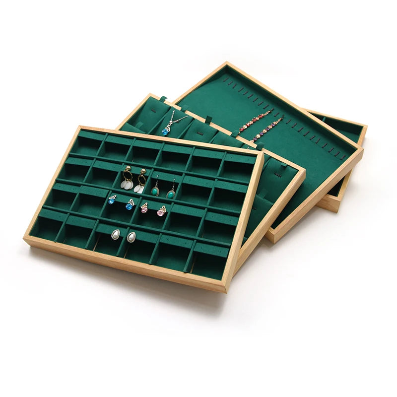 Wholesale Custom Green Velvet Jewelry Ring Stud Earrings Display Bracelet Pendant Solid Wood Display Tray