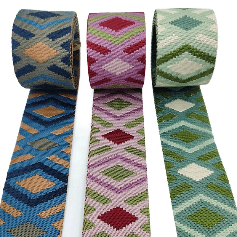 Wholesale 50mm Retro Ethnic Style Polyester Jacquard Webbing Geometric Diamond Ribbon 100% Polyester 2mm for Bags Belts
