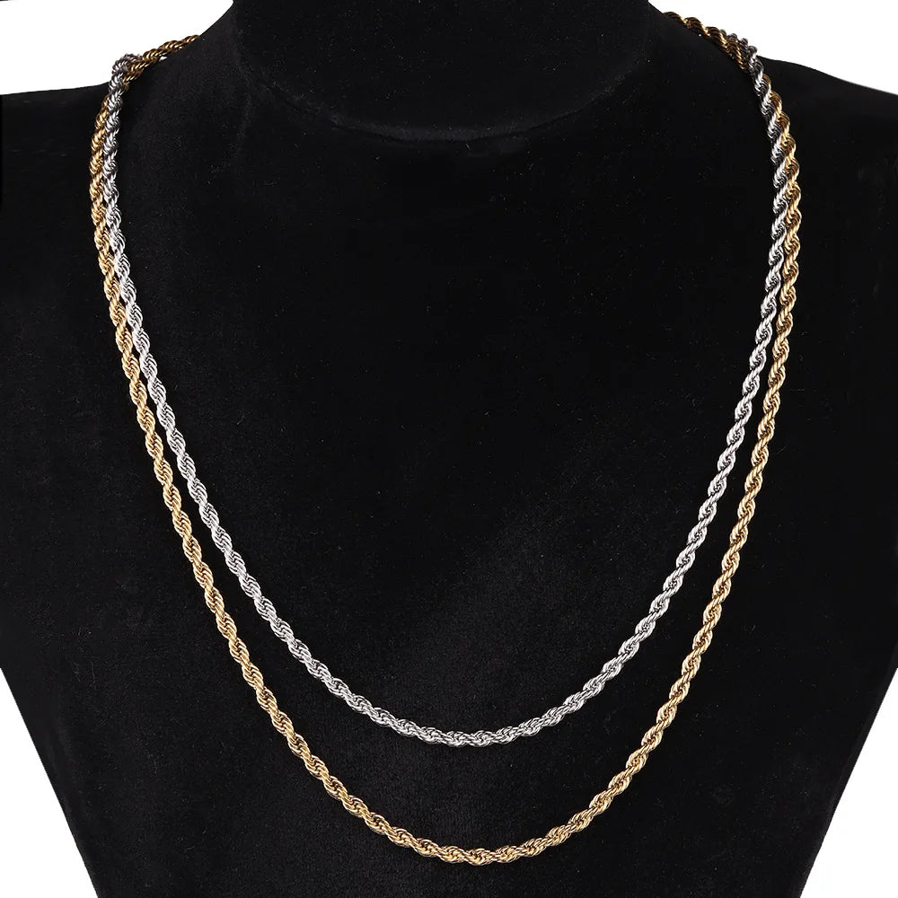 YWXS Wholesale Waterproof Men/women Jewelry Custom Bulk 3/4/5mm 18k Gold Plated Stainless Steel Twisted Rope DIY Chain Necklaces