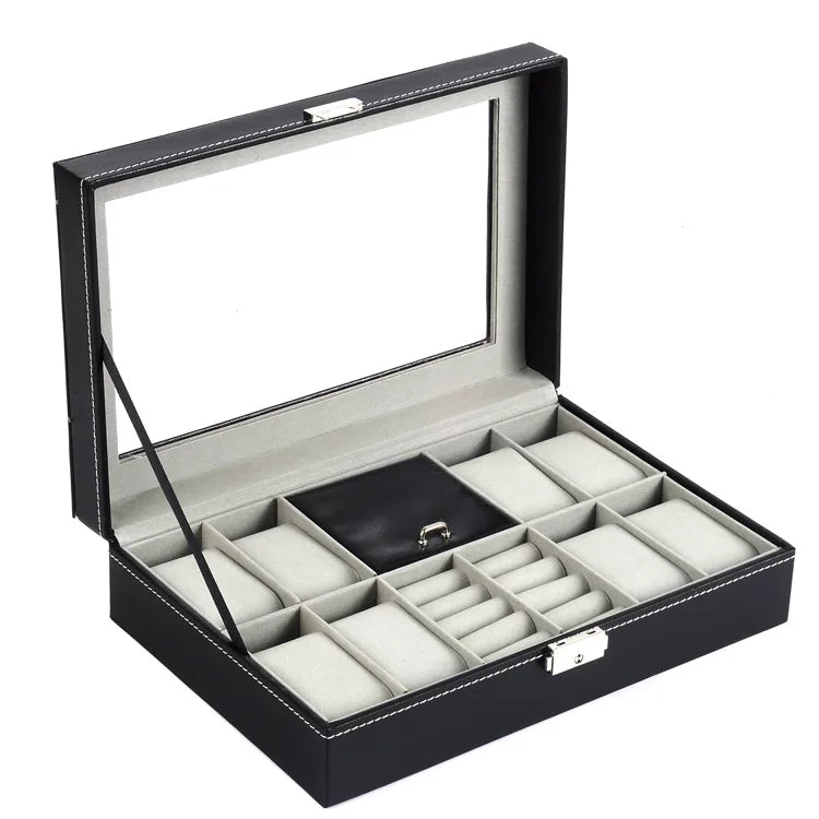 Hot Sale 8+2 Slot Multifunctional PU Leather Watch Jewelry Box with Transparent Window for Rings Earrings Watches