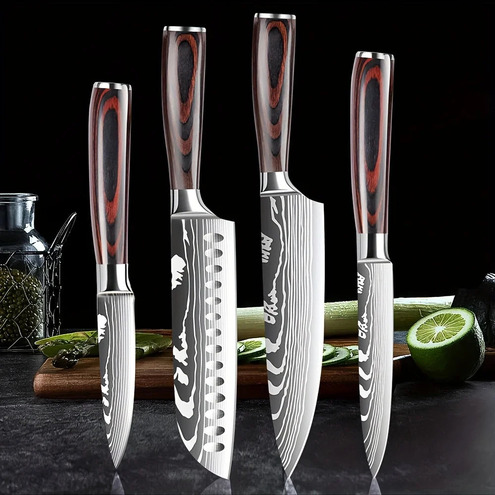 4 Pcs Laser Damascus Pattern Kitchen Knife Set with Pakkawood Handle 4cr13 Stainless Steel Chef Santoku Utility Paring Knives
