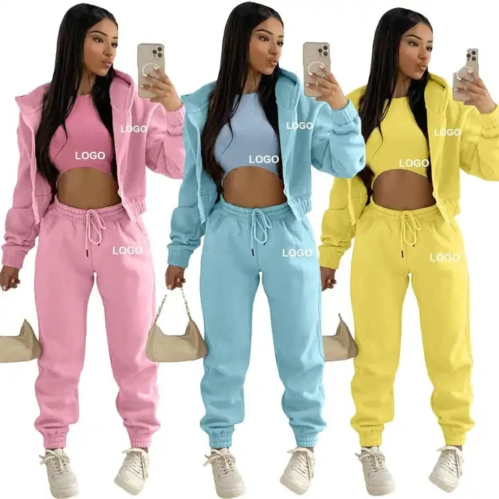 Custom Logo Fall Women's Clothing Thick 2 Piece Set Tracksuit Sweat Suits Jogger Set 3 Pieces Outfits Sweatpants and Hoodie Set