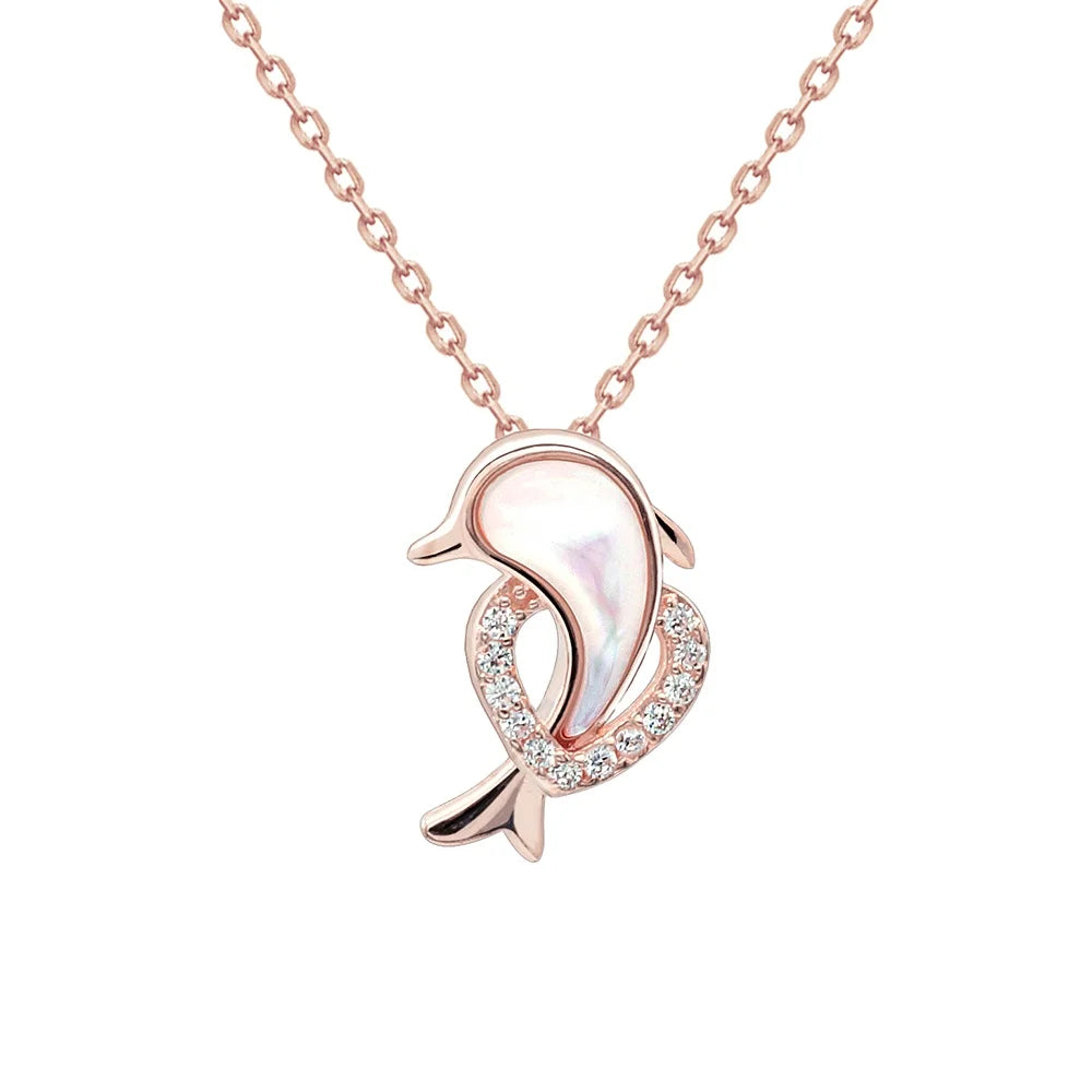 Fashion Jewelry Prata Necklace Zirconia Dolphin Pendant 925 Sterling Silver Necklace with Shell MOP