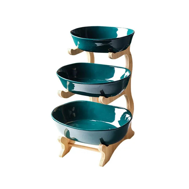 Luxury Decorative 3 Tiers Fruit Basket Bamboo Stand Holder Large Ceramic Fruit Bowl Green