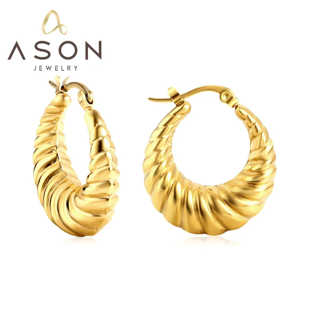 Ason Fashion Waterproof Fast Delivery Jewelry Earrings Stainless Steel 18k Gold Plated Round Twist Hoop Earrings for Women