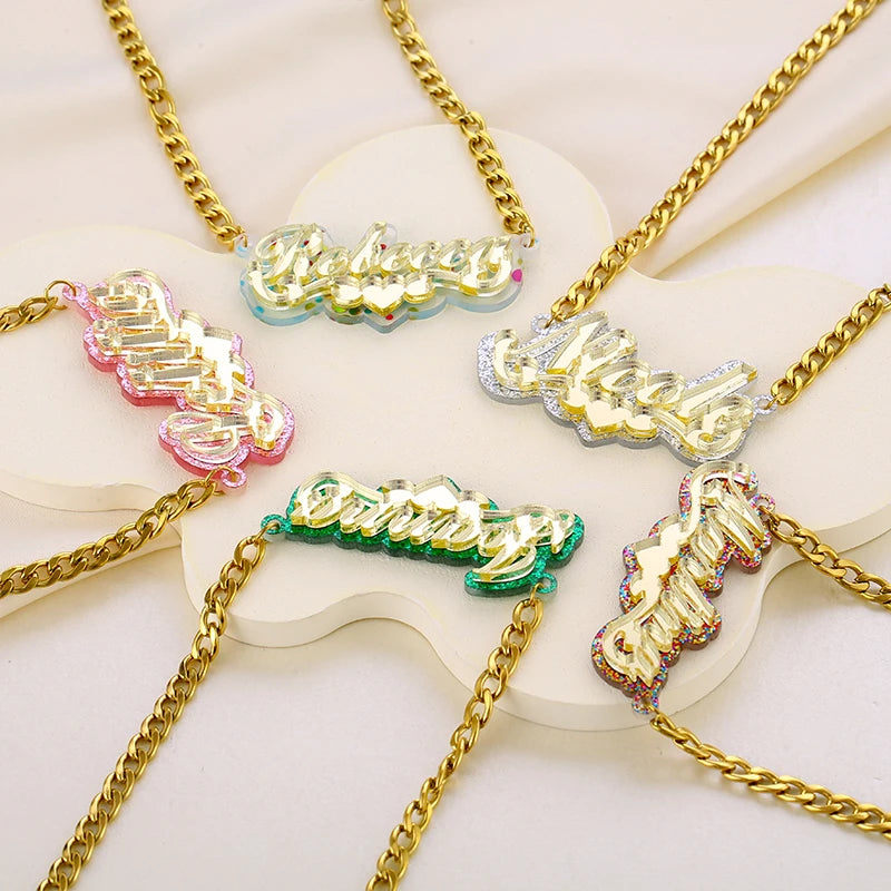 Customized Double Nameplate Acrylic Colorful Name Necklace Stainless Steel European and American Exquisite Shiny Female Pendant