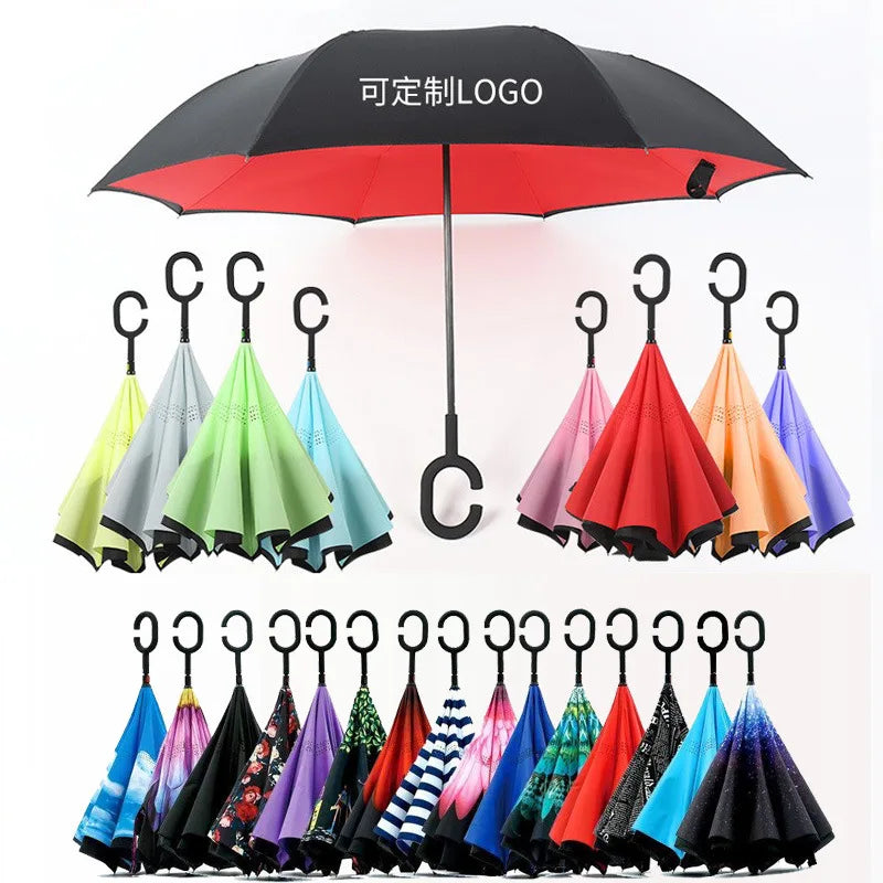 Customized Logo Creative Double-layer C-shaped Hand-free Long Handle Reverse Umbrellas
