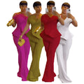 3736# Latest Design Party Jumpsuit Women Off Shoulder High Waist Beaded Feather Decoration Wide Leg Jumpsuit for Ladies