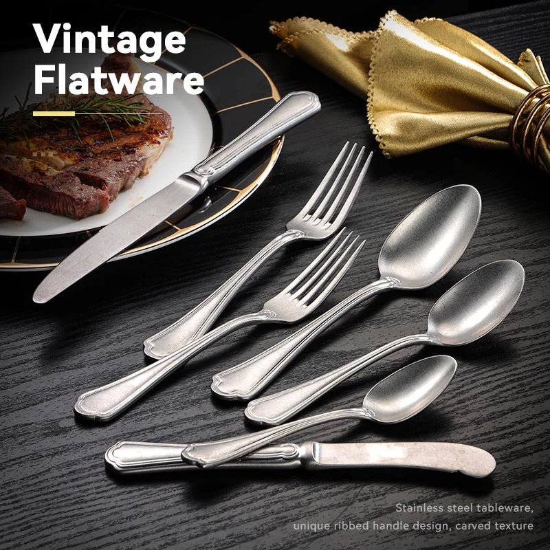 Baroque Royal 18/8 Stainless Steel Flatware Set Brushed Matte Frosted Silverware-Spoon Fork Knife Cutlery for Wedding Metal