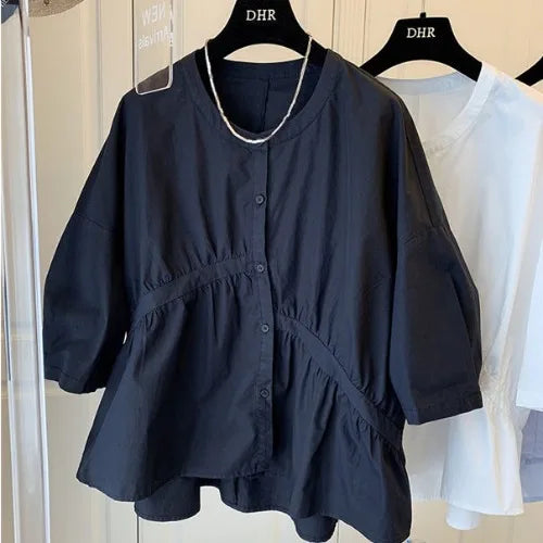 Boutique Wholesale 2025 Summer New Fashionable Asymmetric Wrinkle Splicing Cotton Women's Shirt