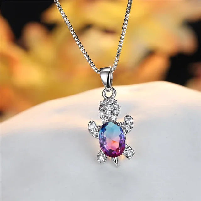 Hot Sale New Fashion Turtle Silver Plated Chain Pendant Multi Color Turtles Necklace Crystal Turtle Cute Necklace for Women Men