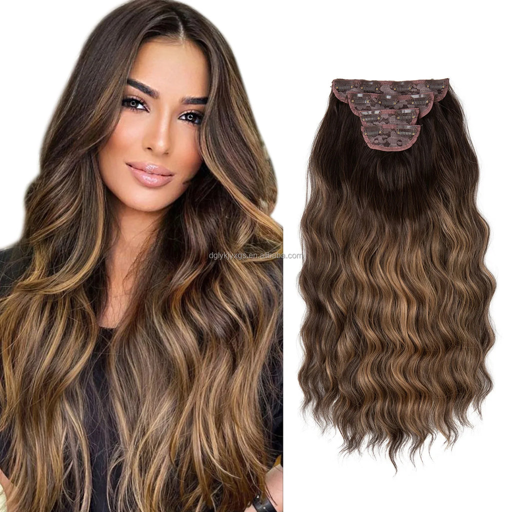 22inch Long Clip Hair Piece Water Wave Wig Synthetic Wigs Chocolate Brown Four Piece Set 11 Clip Body Wave for Women Hair