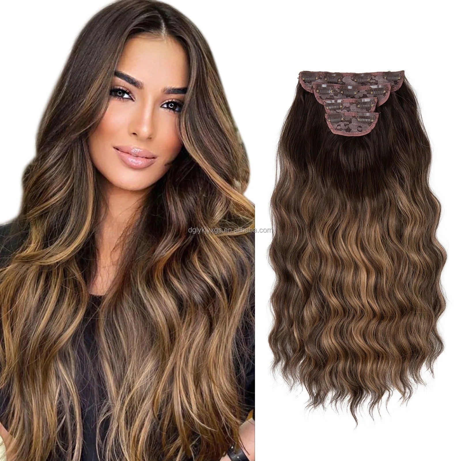 22inch Long Clip Hair Piece Water Wave Wig Synthetic Wigs Chocolate Brown Four Piece Set 11 Clip Body Wave for Women Hair