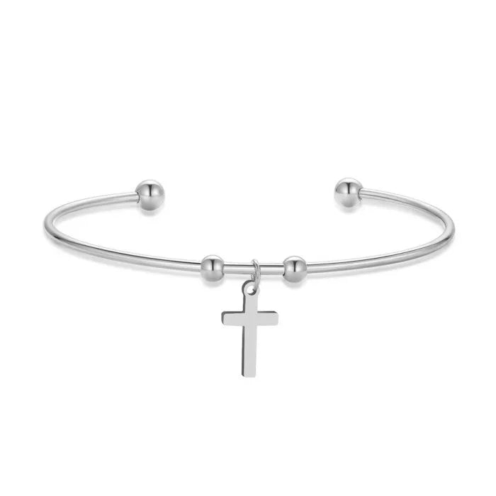 18K Gold Plated High Polish Stainless Steel Open Cuff Wrist Jewelry Trendy Cross Charm Pendant Dangle Bangle Women's Wholesale