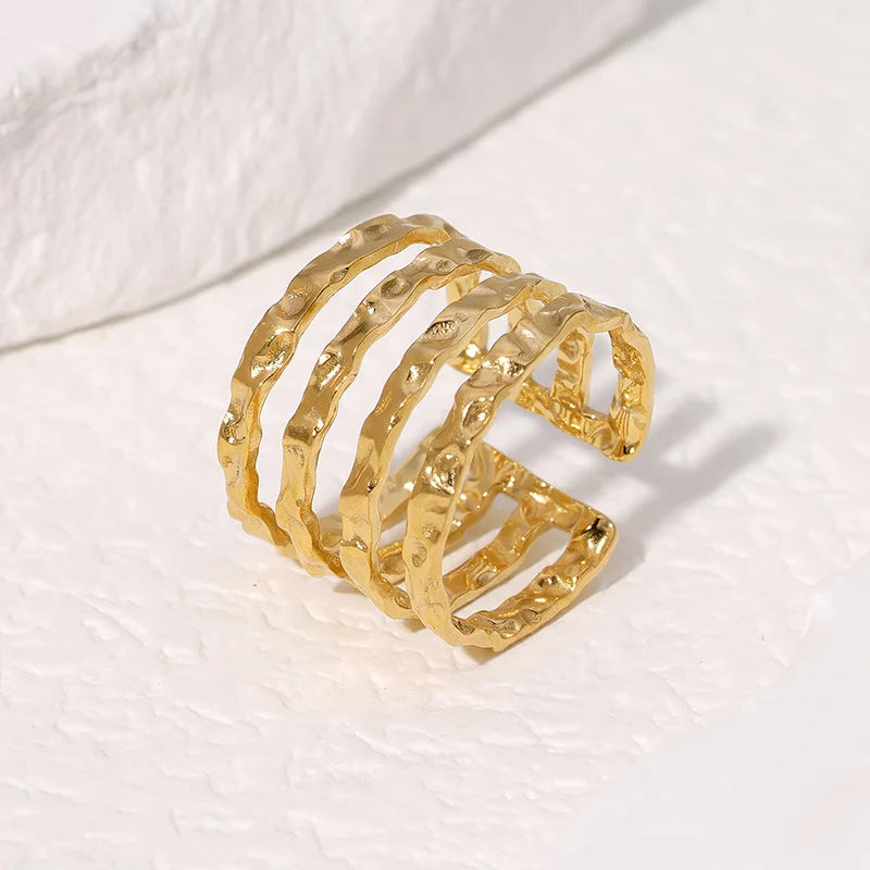 Beimai OEM Ring Wholesale Simple Four-layer Line Design Irregular Hammer Pattern Ring