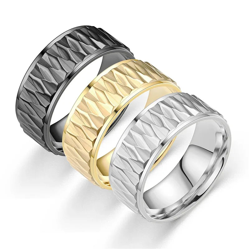 8MM Jewelry Wholesale Wide Couple Waterproof Hypoallergenic Diamond Pattern Stainless Steel Rings Ring for Men Women