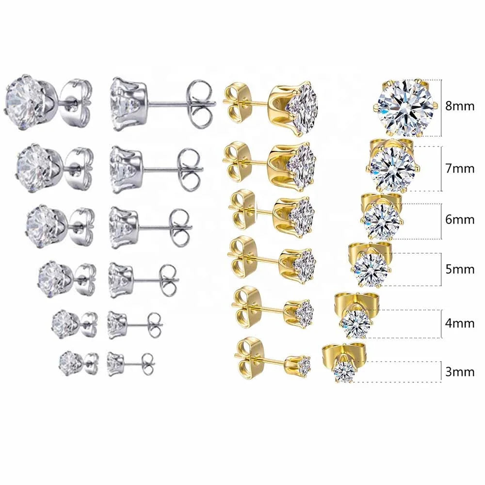 3mm to 8mm Small No Tarnish Fade 316l Stainless Steel Stud Earrings 18k Gold Plated White Black Round Zircon Stud Earrings