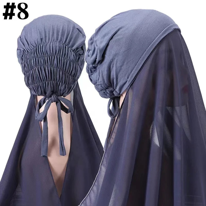 2022 New Chiffon Hijab With Bonnet Elastic Rope Headwrap Bubble Heavy Solid Color Inner Scarf  for Women Headband Stretch Hijab