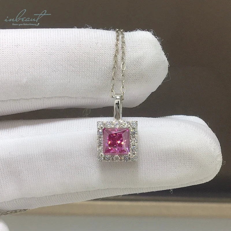 Silver 925 Original 1 Carat Brilliant Princes Cut Diamond Test Past Square Pink Moissanite Pendant Necklace Women Fine Jewelry