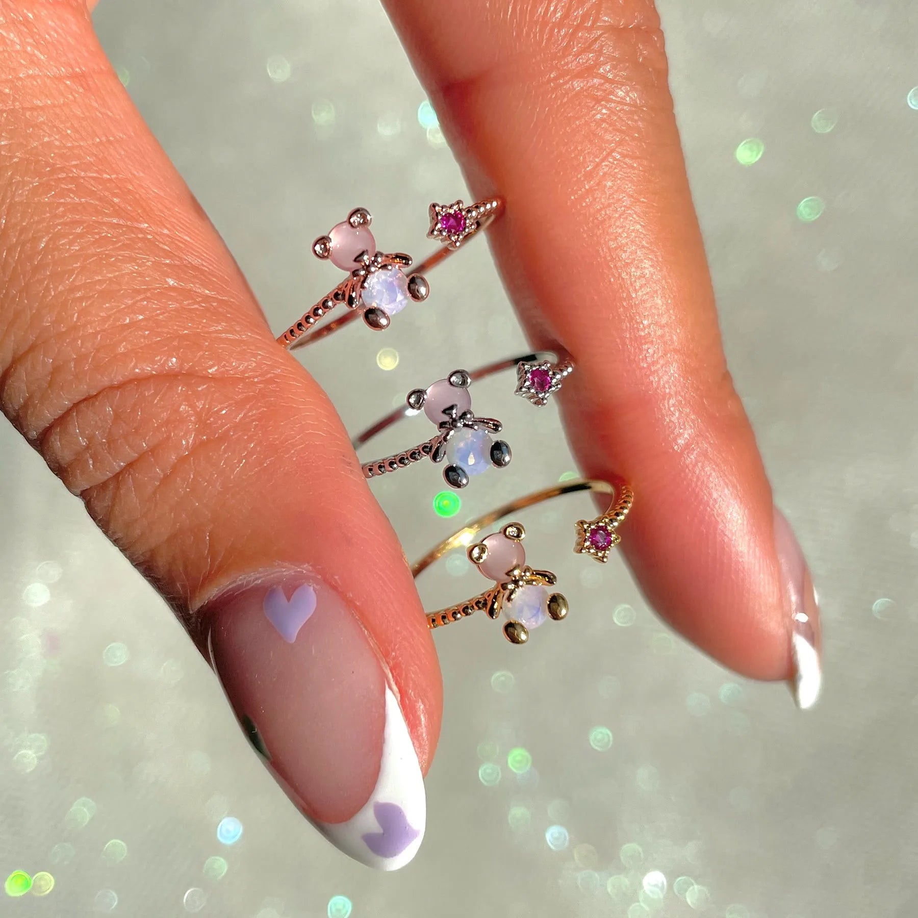 Girly Pink Bear Ring 18K Real Gold Plated Not Fade Size Adjustable Open Crystal Bear Ring for Women