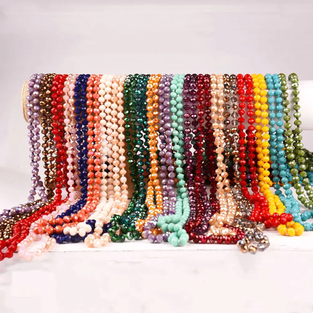 Fashion Bohemian Tribal Jewelry 64 Color Women 60 Inches Handmade 8mm Glass Crystal Beaded Knotted Necklace