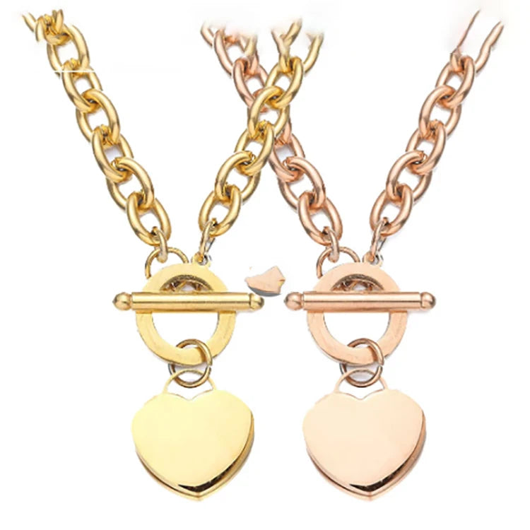 New Fashion Buckle Toggle Choker Stainless Steel Jewelry Heart Pendant Necklace