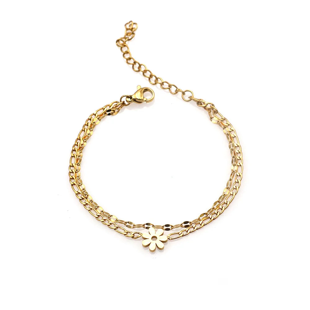 Stainless Steel Jewelry 18k Gold Plated Colourfast Bracelet Bangle Double Layer Girls' Fashion Map Charm Bracelet